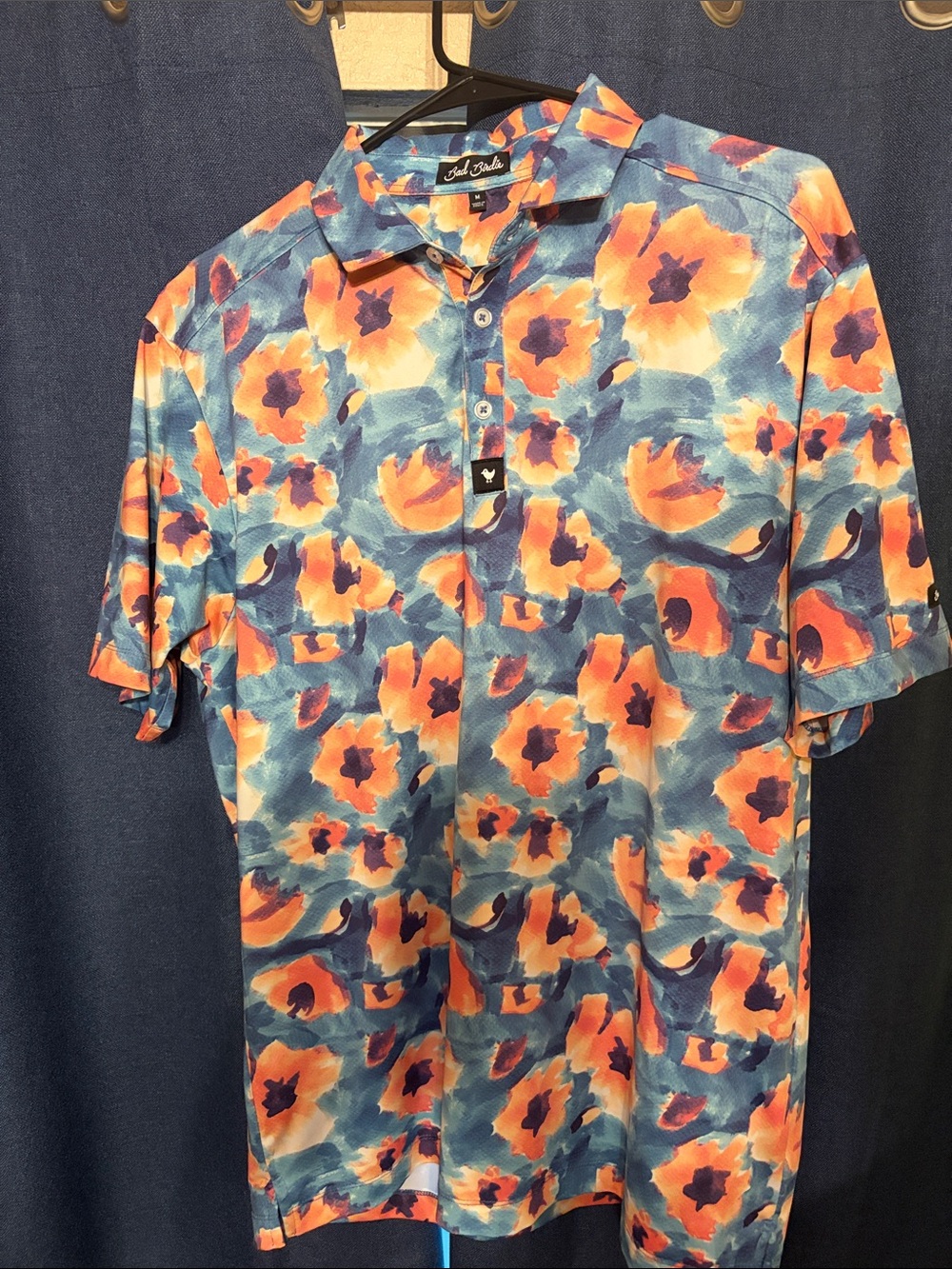 Bad Birdie Blue & Orange Floral Camp-Collar Polo Medium